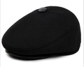 Winter black wool flat top cap with ear protection and matching top button detail - One Size / Black