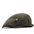 Army green cotton flat cap with side black webbing and vintage gold metal buckle - Adjustable / Army Green