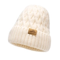 Thick off-white cable knit beanie with premium brown leather logo patch - Beige