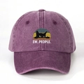 Close-up of purple washed denim baseball cap with black cat and EW PEOPLE print detail - One Size / Burgundy