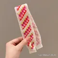 Knitted retro headband for girls in colorful red and yellow yarn with lace trim - 15# Candy Pink Style