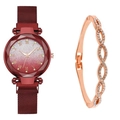Detail of burgundy gradient dial watch with faceted glass and matching crystal bracelet - Watch+Bracelet / Red