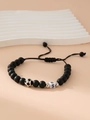 Adjustable black matte beaded bracelet with silver soccer ball and S letter bead charm - Letter S