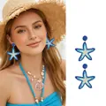 Nahaufnahme von blauen Seestern-Ohrringen mit Webstruktur an einem Modell für den Sommerlook - 19# Stahlnadel - Blau
