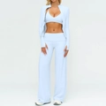 Three-piece light blue brushed yoga set with zipped jacket, vest and wide-leg sports pants - S / Top And Bottom / Jacket + Bra + Wide Leg Pants (3-Piece Set) / Phantom Blue