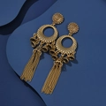 Bohemian vintage long tassel earrings with antique gold finish and bell accents - Hollow Disc Bell Gold Style (E7363)