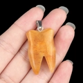 Natural yellow agate tooth shaped necklace pendant with silver clasp held on fingers - Topaz