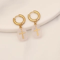 Detailed macro view of gold-plated cross earrings with translucent pink natural stone drops - Rose Quartz (10#)