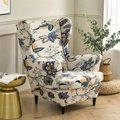 Floral print wingback chair cover in blue and yellow pattern on cream stretch fabric - Poppy