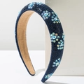 Detail of luxury wide headband with dark blue crystals and heart-shaped faux pearls - Dark Blue
