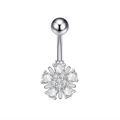 Close-up of silver belly button ring featuring a zircon flower dangle with metallic shine - 2697 Steel Color (Simple Five-Petal Flower)