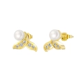 S925 sterling silver gold fishtail earrings with white pearl and sparkling zircon - Gold Fishtail Artificial Pearl Style (APE125-14K) / Gold