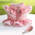 Pink floral pet harness and leash set with lace trim for dogs and cats in spring - Rose Red Floral