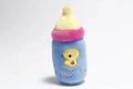 Plush baby bottle dog toy in light blue with yellow duck embroidery and pink neck detail - Chick Feeding Bottle