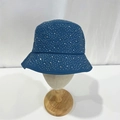 Detailed view of blue denim bucket hat with sparkling rhinestone star embellishments - M (56-58cm) / Teal