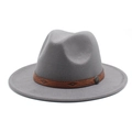 Close-up of grey wool fedora hat with brown leather band and vintage metal buckle detail - M (56-58cm) / Light Gray
