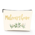 Détail d'une trousse en lin avec imprimé Matron of Honor et motifs de feuilles vertes - Dame d'Honneur