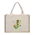 Linen canvas tote bag with floral letter J print and durable jute side panels - Floral Letter J