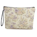 Linen makeup bag with vintage purple flower patterns and black zipper closure - 17x25cm With Webbing Handle / Vintage Purple Floral Style