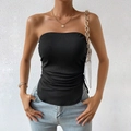 Slim fit black tube top with ribbed knit fabric and side drawstring details on model - S / Black