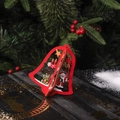 3D Red Christmas wooden bell ornament featuring Santa Claus and bear for tree hanging - Double-piece Red Bell