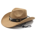 Khaki faux suede western cowboy hat with metal bull head buckle and adjustable chin cord - M (56-58cm) / Camel