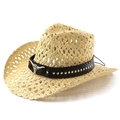 Ethnic Western cowboy straw hat with hollow weave, bull head metal buckle and curved brim - M (56-58cm) / Beige