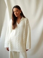 Grober Zopfstrickpullover mit Reverskragen und entspannter Passform für Herbst Winter - S / Milchweiß