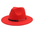Detail of red fedora hat with black leather band and decorative gold chain accent - M (56-58cm) / Orange Red