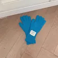 Bright blue ribbed wool knit long gloves featuring a white decorative brand label - One Size / Sky Blue