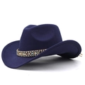 Detail view of deep blue wool felt cowboy hat with colorful ethnic braided leather band - Navy Blue