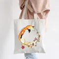 White canvas tote bag featuring an artistic fox and autumn leaves print design - Style C5-Curled Fox