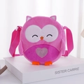 Pink plush owl crossbody bag for kids with embroidered eyelashes and glitter heart - Rose Red