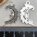 Silver crescent moon face pendants with leaf pattern for DIY jewelry making - Antique Silver Moon Pendant (17x28mm)