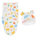 Detailed view of white baby sleep sack and hat with colorful animal prints and cute ears - Blue Elephant Swaddle + Hat Set