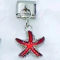 Italian modular charm link featuring a red enamel starfish pendant on stainless steel - Red Starfish