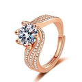 Sparkling rose gold moissanite wedding ring with a large round stone and wavy diamond band - Rose Gold White Diamond [3 Carats] Ljz-138 / Adjustable Open