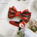 Detail of red plaid bow hair clip and Santa Claus charm for kids Christmas gift set - Bow & BB Clip Combo 1