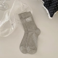 Gray crew socks with PotoHuuHuu heart embroidery and ribbed texture for women - One Size / Grey Ribbed