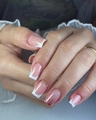 French tip press-on nails in nude pink with gold accents and sparkling glitter finish - French Nude Pink White Tip Rhinestone Style (JP2708)