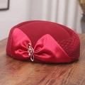 Close-up of elegant burgundy wool beret with satin bow, mesh veil, and musical note brooch - M (56-58cm) / Burgundy