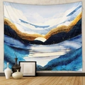 Detail view of abstract mountain landscape tapestry with golden clouds in a modern room - Blue and Gold Rising Sun Abstract Landscape (GT428-34)