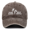 Close-up of Saint Barth West Indies palm tree embroidery on a vintage washed cotton cap - Coffee