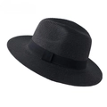 Classic black straw fedora hat with matching satin band for sun protection - One Size / Black