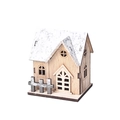 LED houten kersthuisje met besneeuwd dak en hek, warme houten kerstdecoratie - Stijl C (Zolder met rond raam)