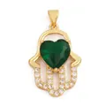 Hamsa hand charm with gold finish featuring a green heart stone and zircon pave - M599107-green / Green