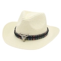 Straw cowboy hat in cream white featuring an ethnic band and silver bull head emblem - One Size (56-58cm) / Cream