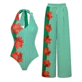 Dettaglio costume da bagno con scollo all'americana a righe verdi e fiori rossi - S / Completo Pantaloni all'Americana