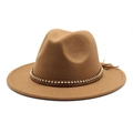 Classic camel wool fedora hat with braided brown band and golden metallic bead chain - Khaki