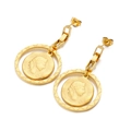 Vintage style gold coin drop earrings with embossed portrait and geometric textured ring - Gold